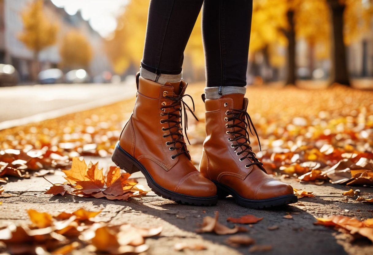 A close-up of a stylish pair of boots placed on a vibrant, sunlit street, surrounded by fallen autumn leaves. The image conveys a sense of euphoria with a soft bokeh effect in the background featuring happy individuals wearing various fashionable outfits. Warm colors dominate the scene with hints of golden sunlight highlighting the boots. This composition embodies the essence of style and contentment. super-realistic. warm colors. autumn theme.