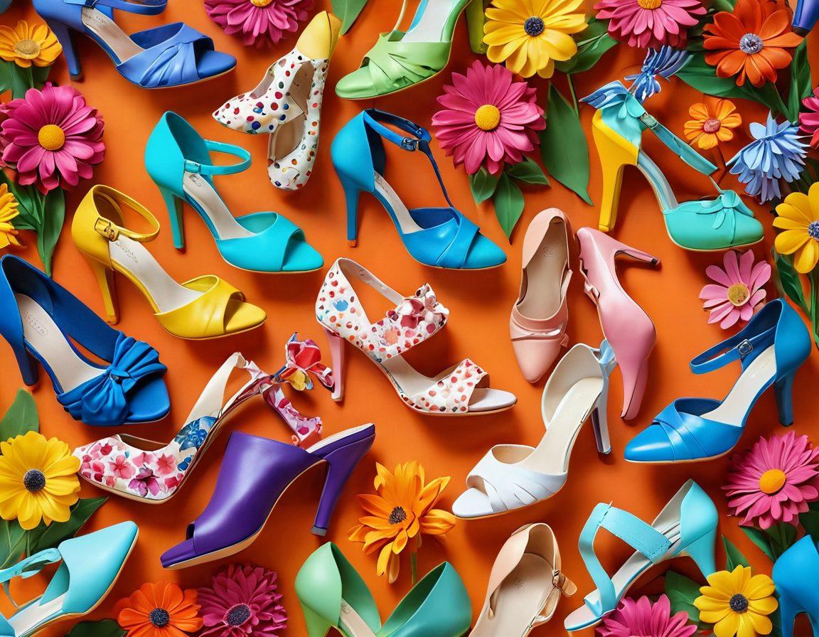 A whimsical scene showcasing a variety of fashionable footwear, arranged in a vibrant, colorful landscape filled with flowers and happy characters dancing around. Include stylish shoes like high heels, sneakers, and sandals, and bright sunlight casting cheerful shadows. Capture a sense of joy and perspective as if stepping into this delightful world. vibrant colors. 3D. playful cartoon style.