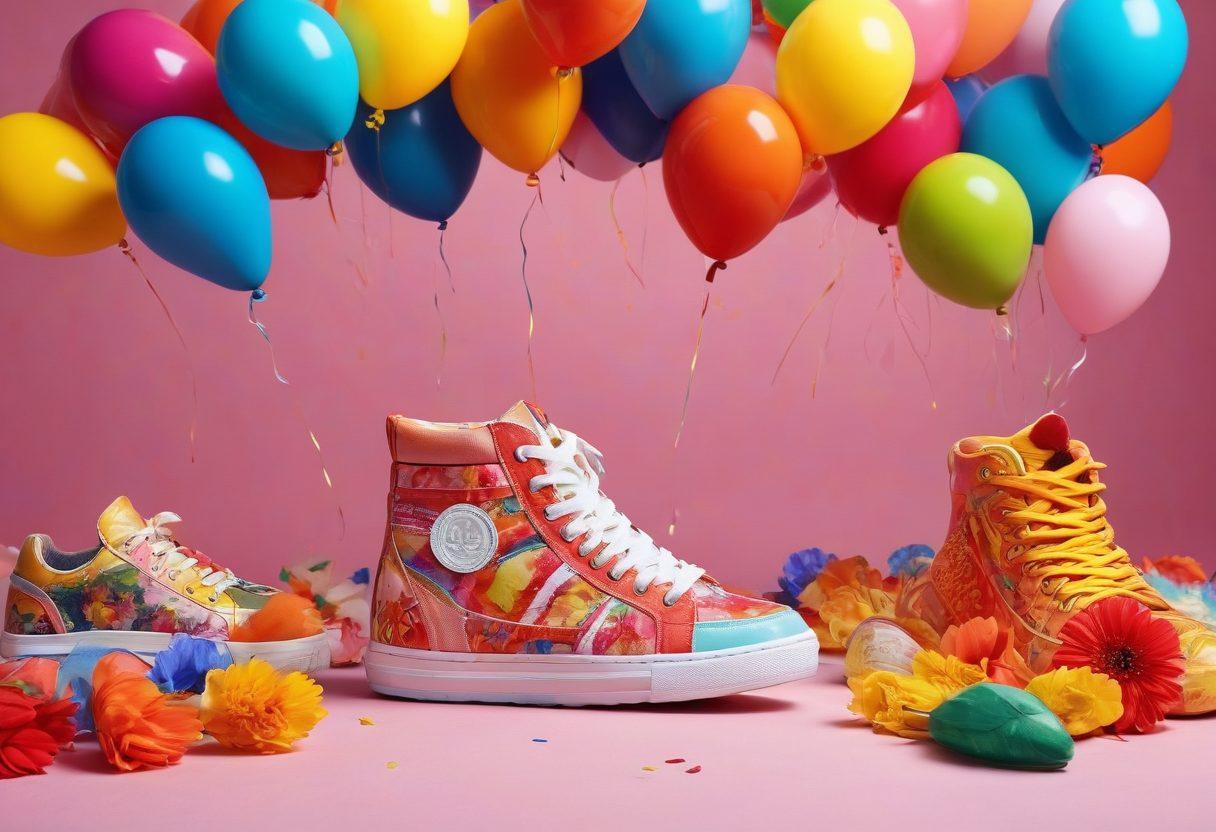A collection of vibrant and stylish shoes arranged artistically, with each shoe showcasing unique colors and patterns to highlight fashion-forward designs. Include a cheerful, sunlit background that enhances the uplifting mood, featuring playful elements like floating balloons and flowers. The scene conveys joy and excitement, inviting viewers to step into happiness through fashion. super-realistic. vibrant colors. cheerful atmosphere.